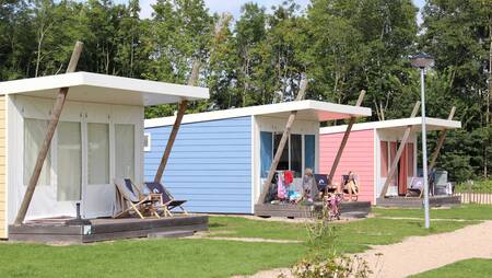 Kampeer cabins aan een laantje op vakantiepark Molecaten Park Rondeweibos