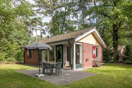 Vrijstaand vakantiehuis met tuinmeubelen in de tuin op vakantiepark Roompot Bospark Lunsbergen